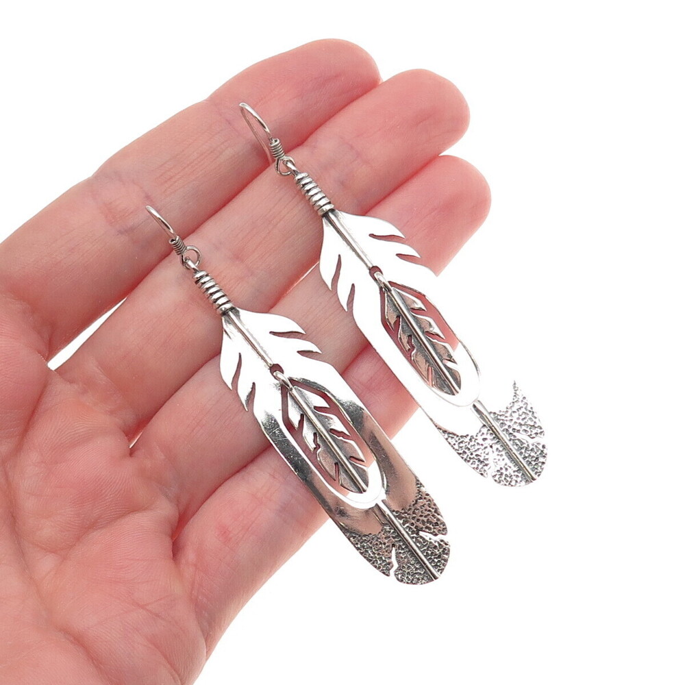 Silver Cloud Old Pawn 925 Sterling Vintage Southwestern Feather Dangle Earrings